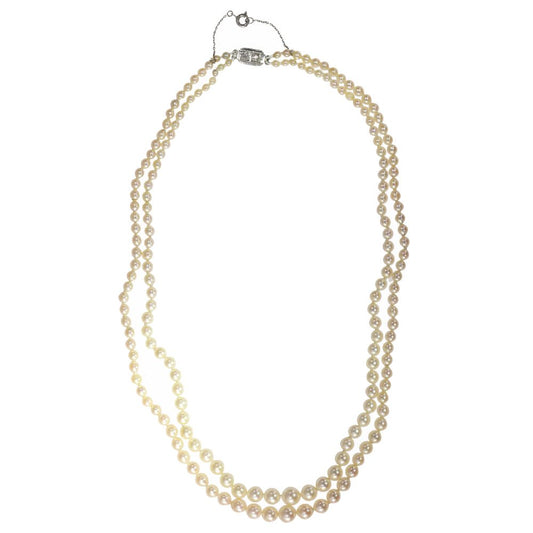 Vintage French Double Strand Pearl Necklace with Diamond Clasp