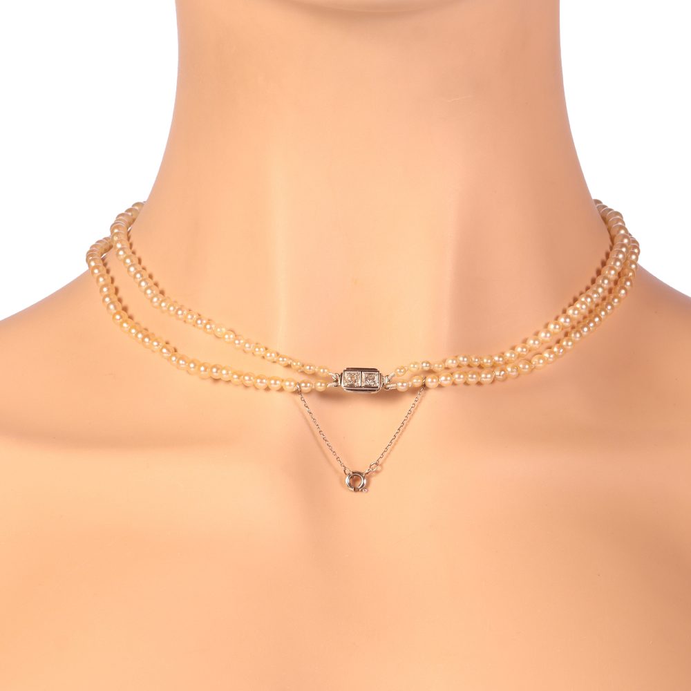 Vintage French Double Strand Pearl Necklace with Diamond Clasp