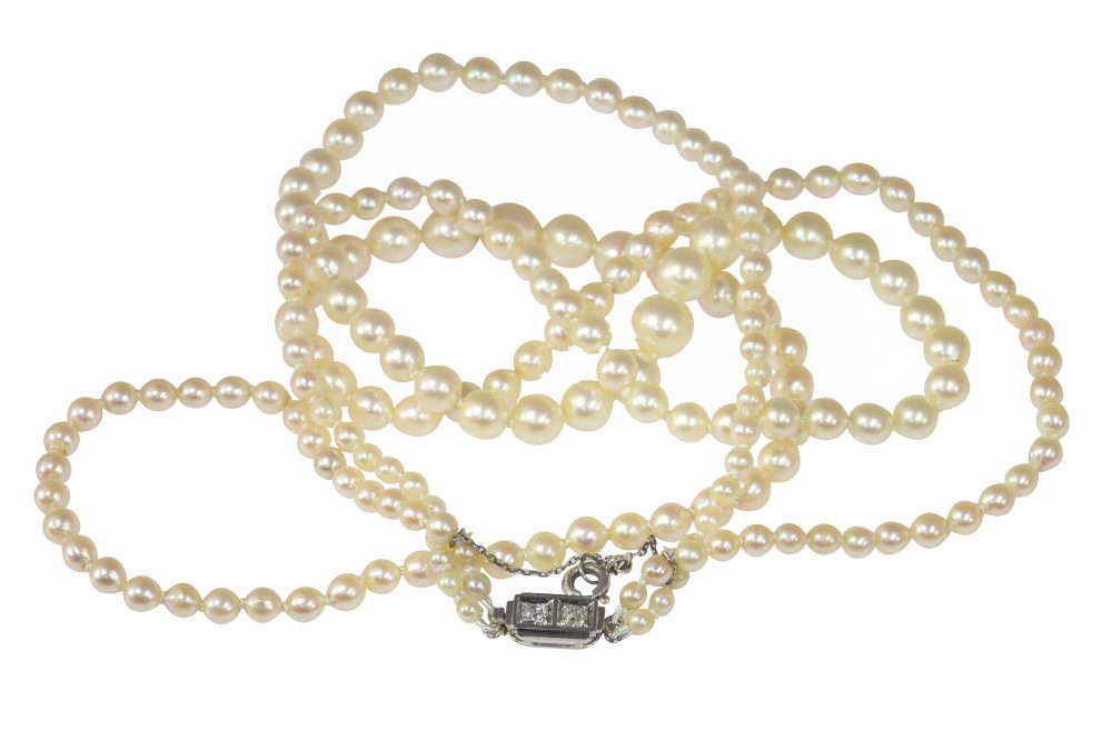 Vintage French Double Strand Pearl Necklace with Diamond Clasp