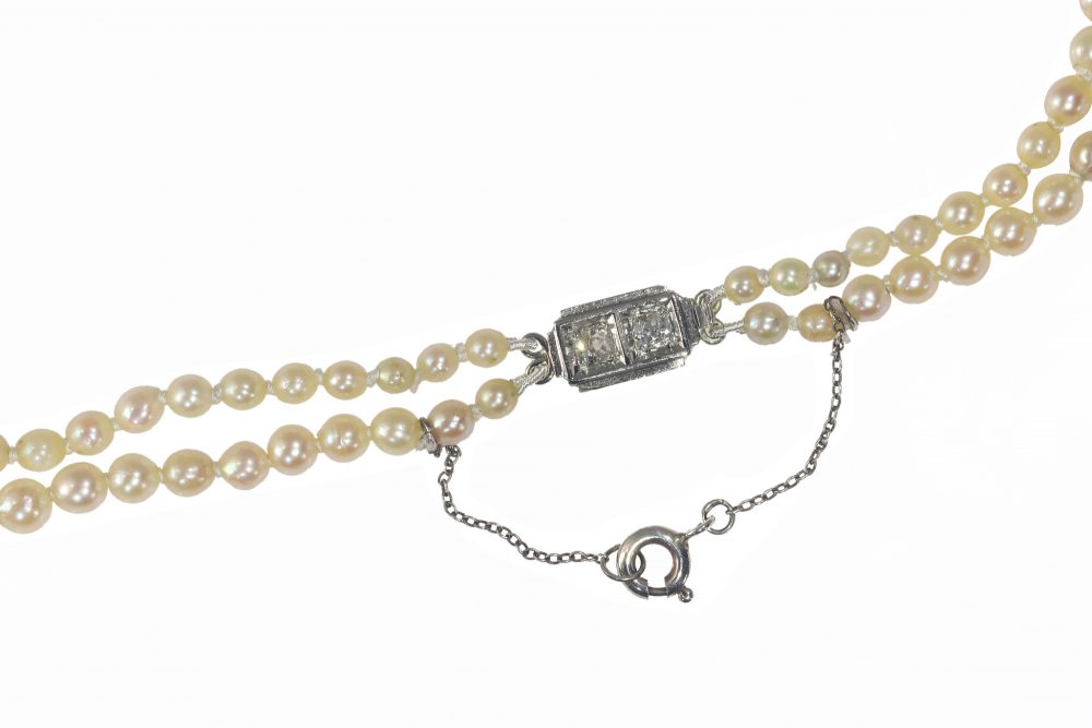 Vintage French Double Strand Pearl Necklace with Diamond Clasp