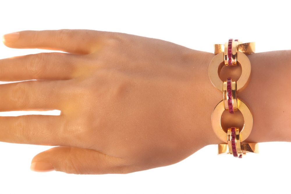 Vintage 1950s French Retro 18ct Rose Gold Tank Bracelet with Rubies