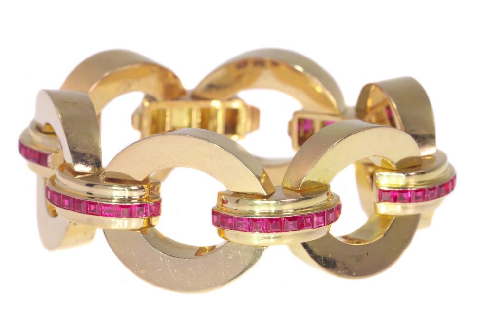 Vintage 1950s French Retro 18ct Rose Gold Tank Bracelet with Rubies