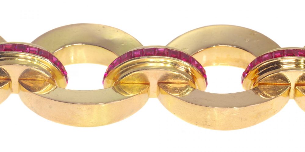 Vintage 1950s French Retro 18ct Rose Gold Tank Bracelet with Rubies