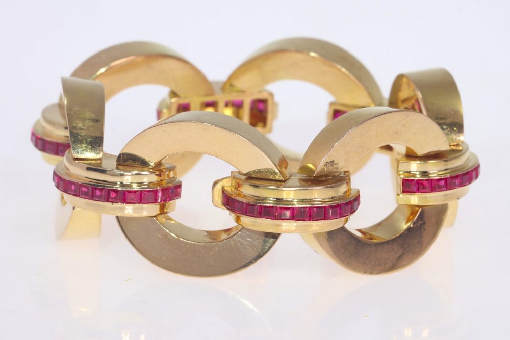 Vintage 1950s French Retro 18ct Rose Gold Tank Bracelet with Rubies