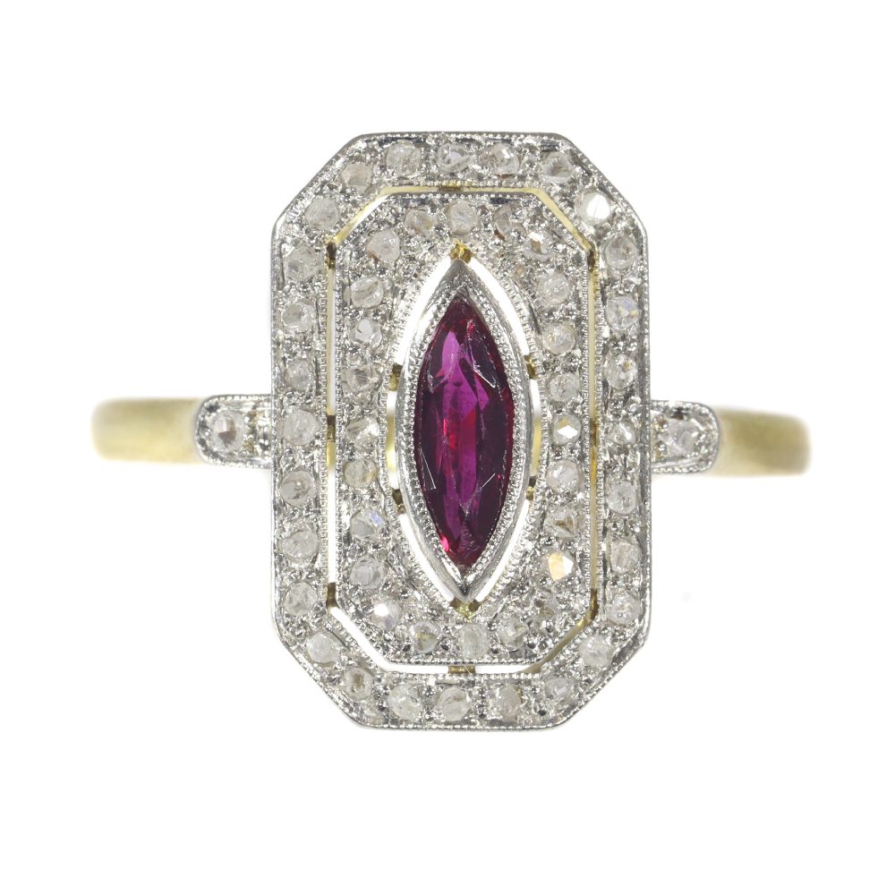 French Belle Epoque 0.30ct Marquise Ruby and Rose Cut Diamond Cluster Ring