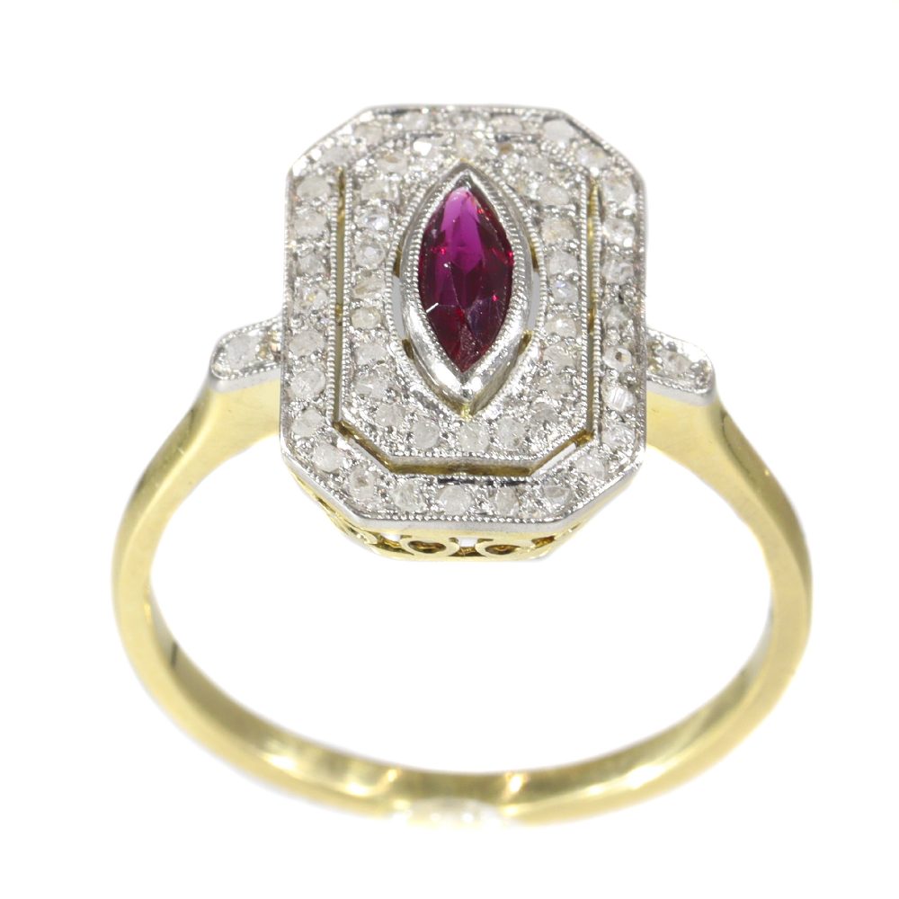 French Belle Epoque 0.30ct Marquise Ruby and Rose Cut Diamond Cluster Ring