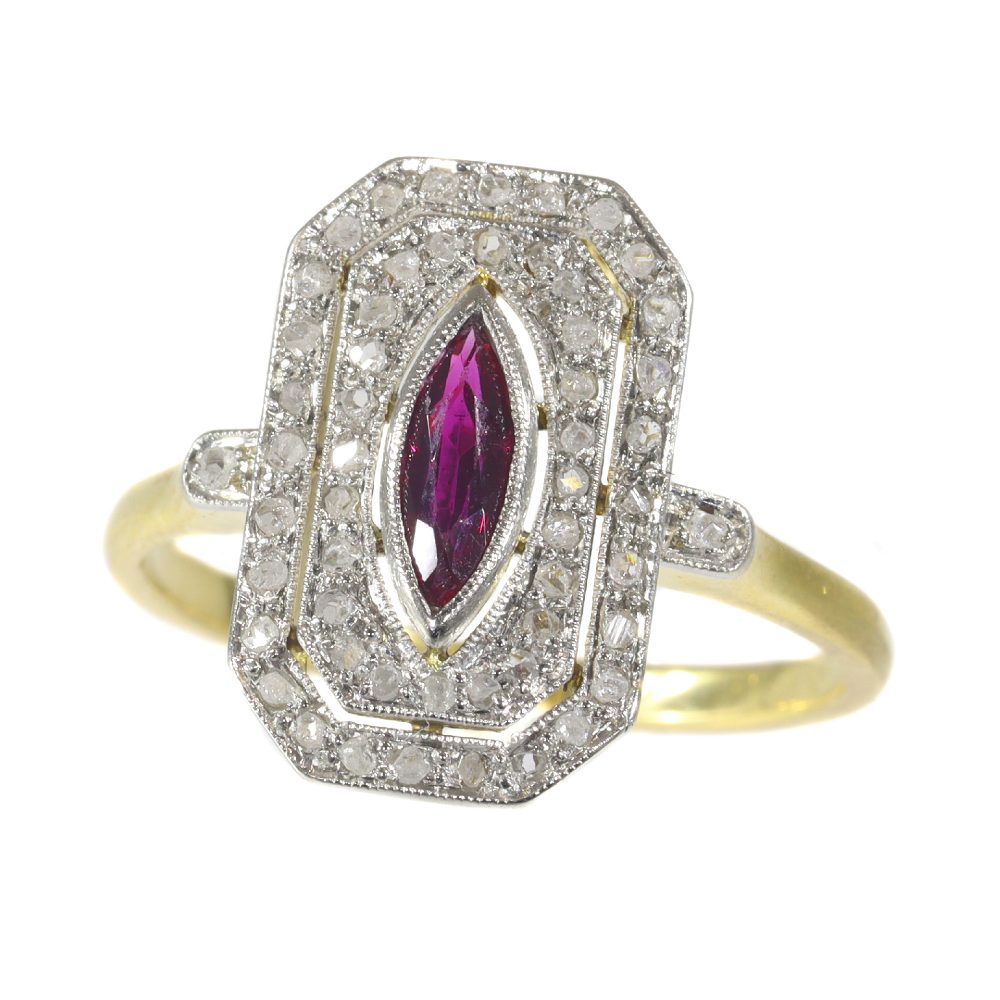 French Belle Epoque 0.30ct Marquise Ruby and Rose Cut Diamond Cluster Ring