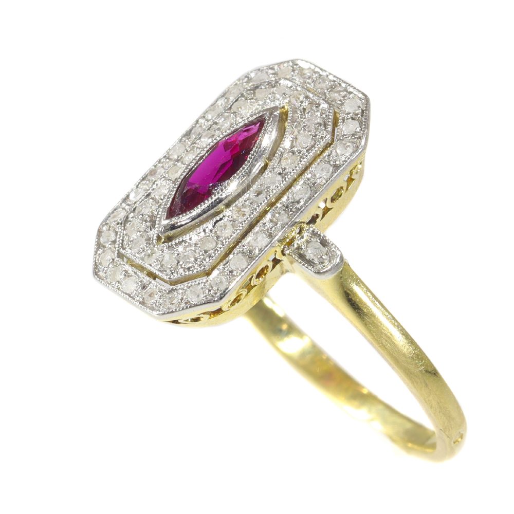 French Belle Epoque 0.30ct Marquise Ruby and Rose Cut Diamond Cluster Ring