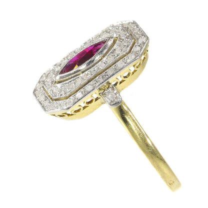French Belle Epoque 0.30ct Marquise Ruby and Rose Cut Diamond Cluster Ring