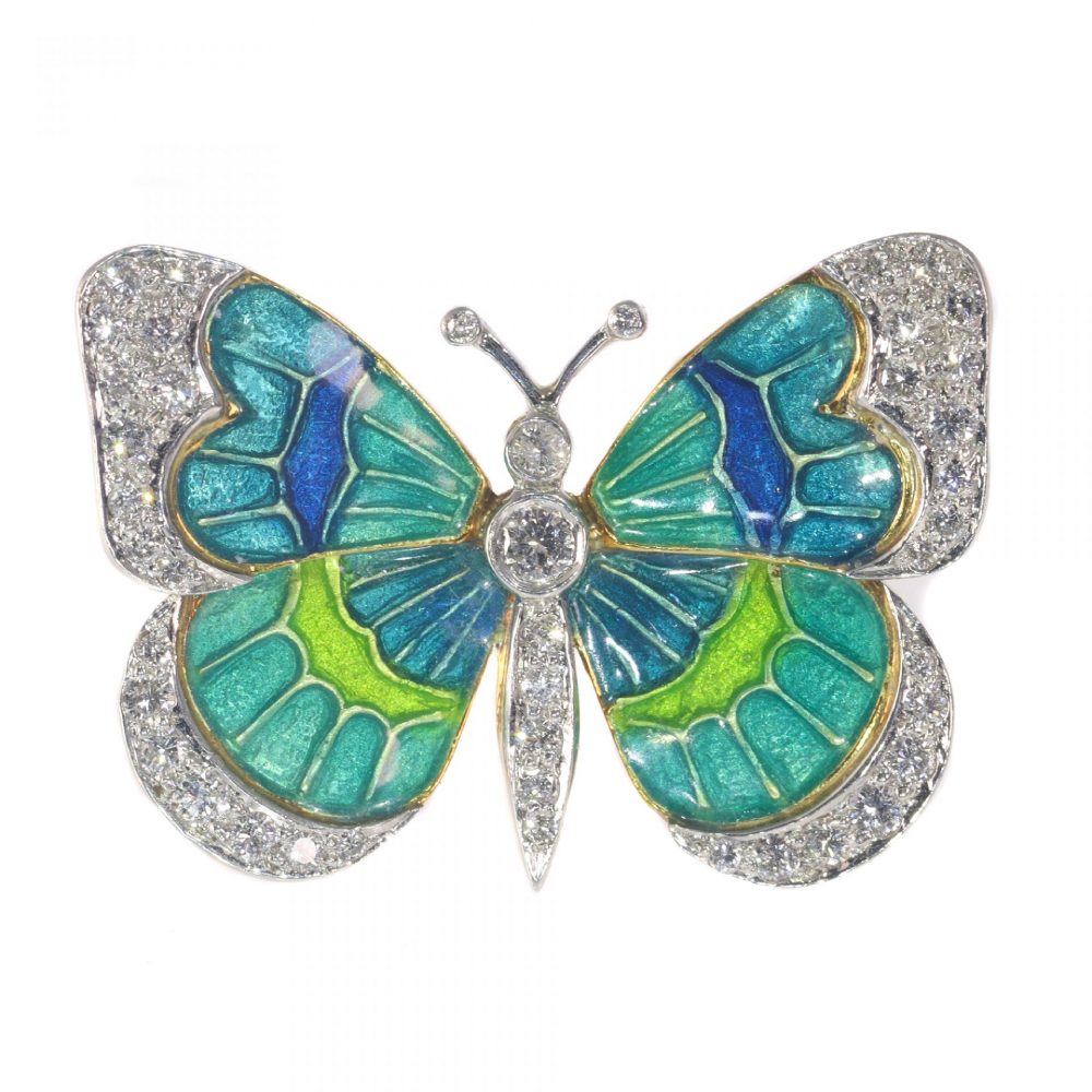 Vintage Blue Green Enamel and Diamond Butterfly Brooch in platinum and 18ct yellow gold, Circa 1980