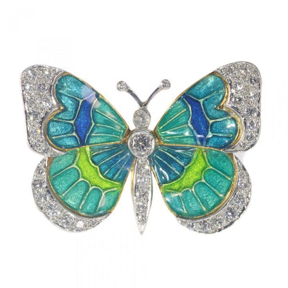 Vintage Blue Green Enamel and Diamond Butterfly Brooch in platinum and 18ct yellow gold, Circa 1980