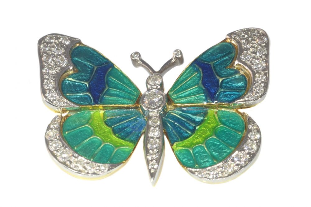 Vintage Blue Green Enamel and Diamond Butterfly Brooch in platinum and 18ct yellow gold, Circa 1980