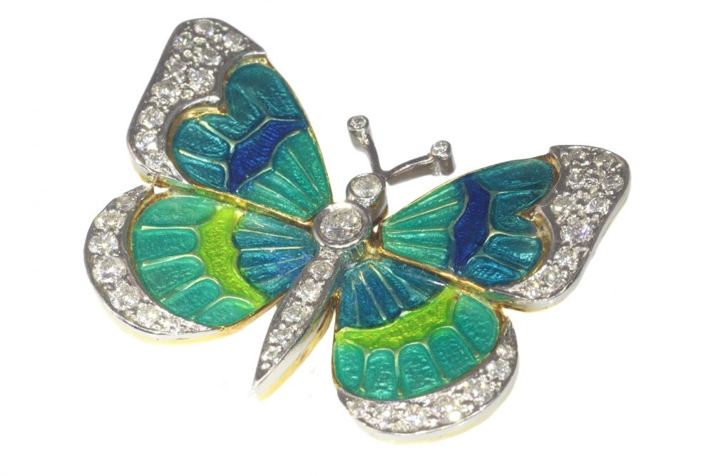 Vintage Blue Green Enamel and Diamond Butterfly Brooch in platinum and 18ct yellow gold, Circa 1980