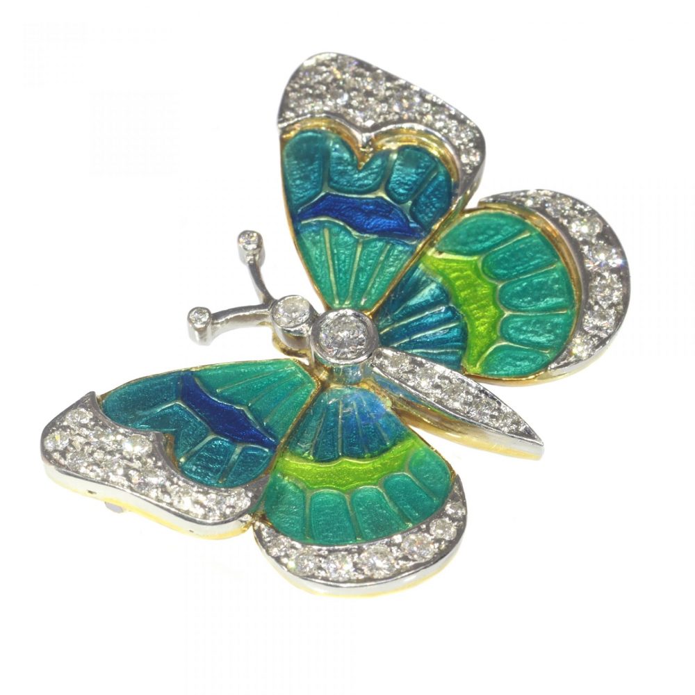 Vintage Blue Green Enamel and Diamond Butterfly Brooch in platinum and 18ct yellow gold, Circa 1980