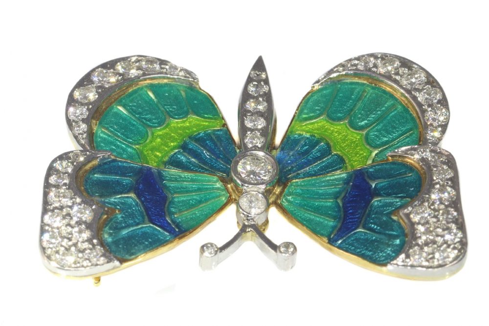 Vintage Blue Green Enamel and Diamond Butterfly Brooch in platinum and 18ct yellow gold, Circa 1980