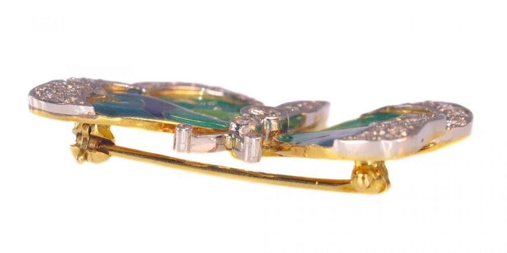 Vintage Blue Green Enamel and Diamond Butterfly Brooch in platinum and 18ct yellow gold, Circa 1980