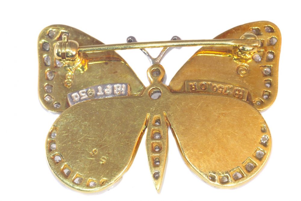 Vintage Blue Green Enamel and Diamond Butterfly Brooch in platinum and 18ct yellow gold, Circa 1980