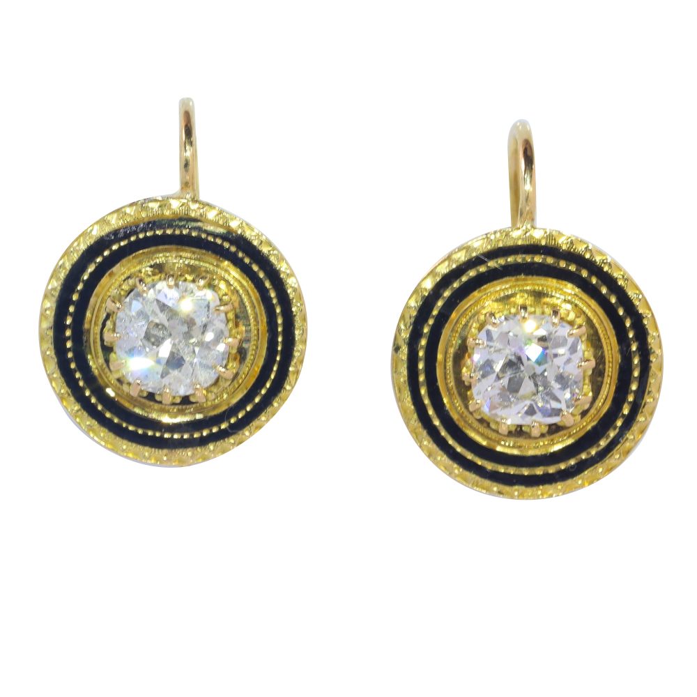 Antique Early Victorian 1.66ct Old Mine Cut Diamond Drop Earrings with Black Enamel in 18ct Yellow gold, Circa 1830