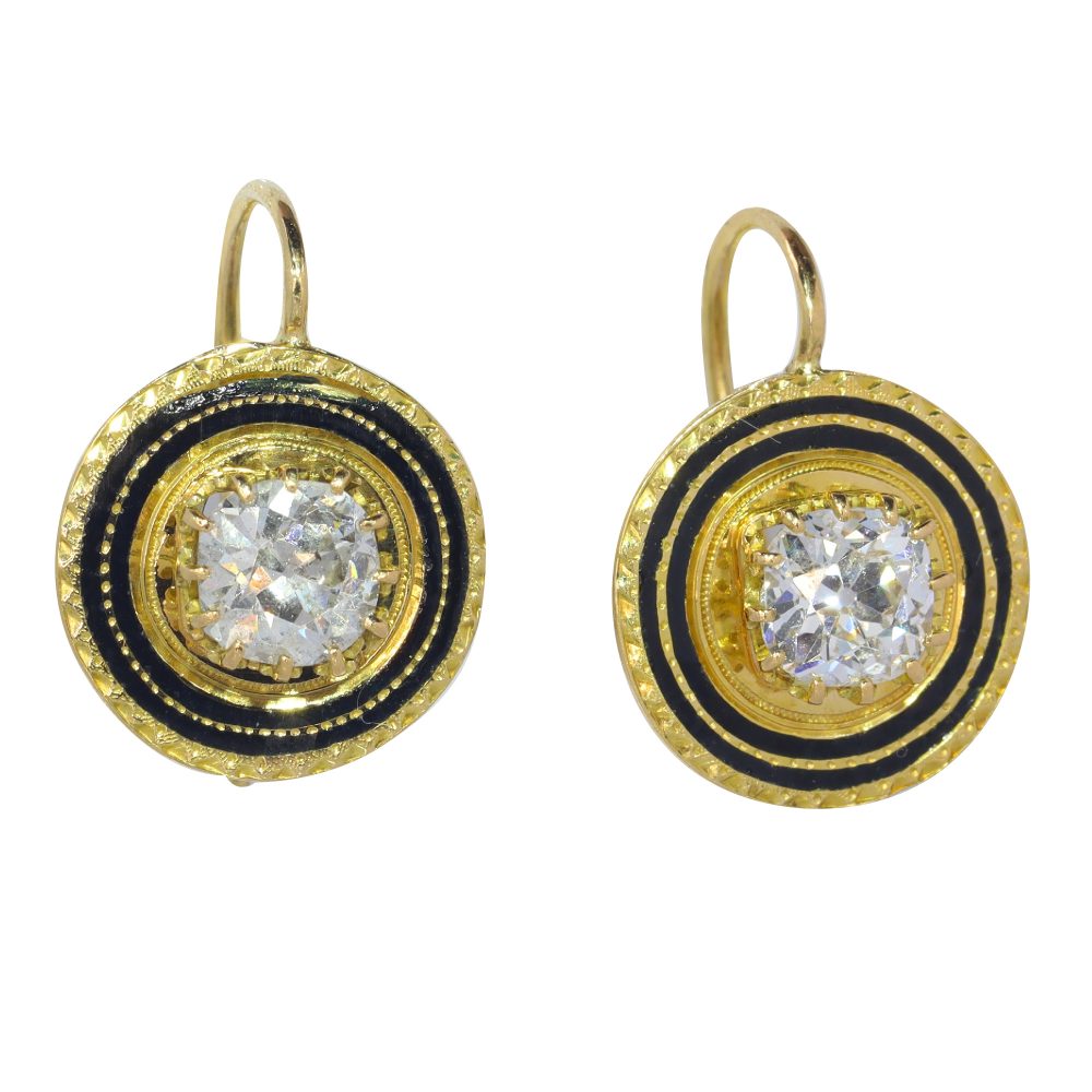 Antique Early Victorian 1.66ct Old Mine Cut Diamond Drop Earrings with Black Enamel in 18ct Yellow gold, Circa 1830