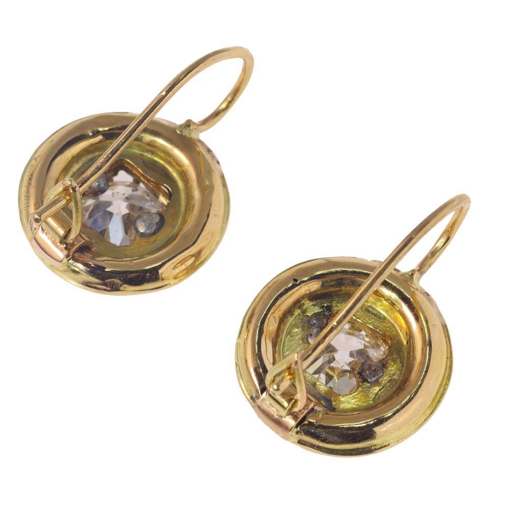 Antique Early Victorian 1.66ct Old Mine Cut Diamond Drop Earrings with Black Enamel in 18ct Yellow gold, Circa 1830