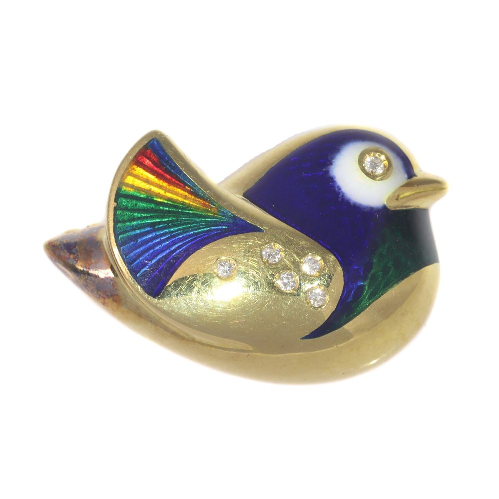 Vintage Multi Colour and Blue Enamel Bird Brooch with Diamonds