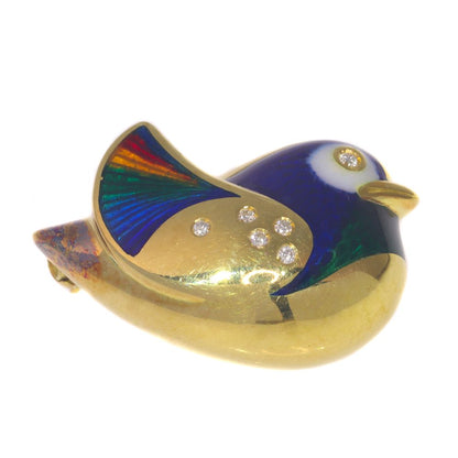 Vintage Multi Colour and Blue Enamel Bird Brooch with Diamonds