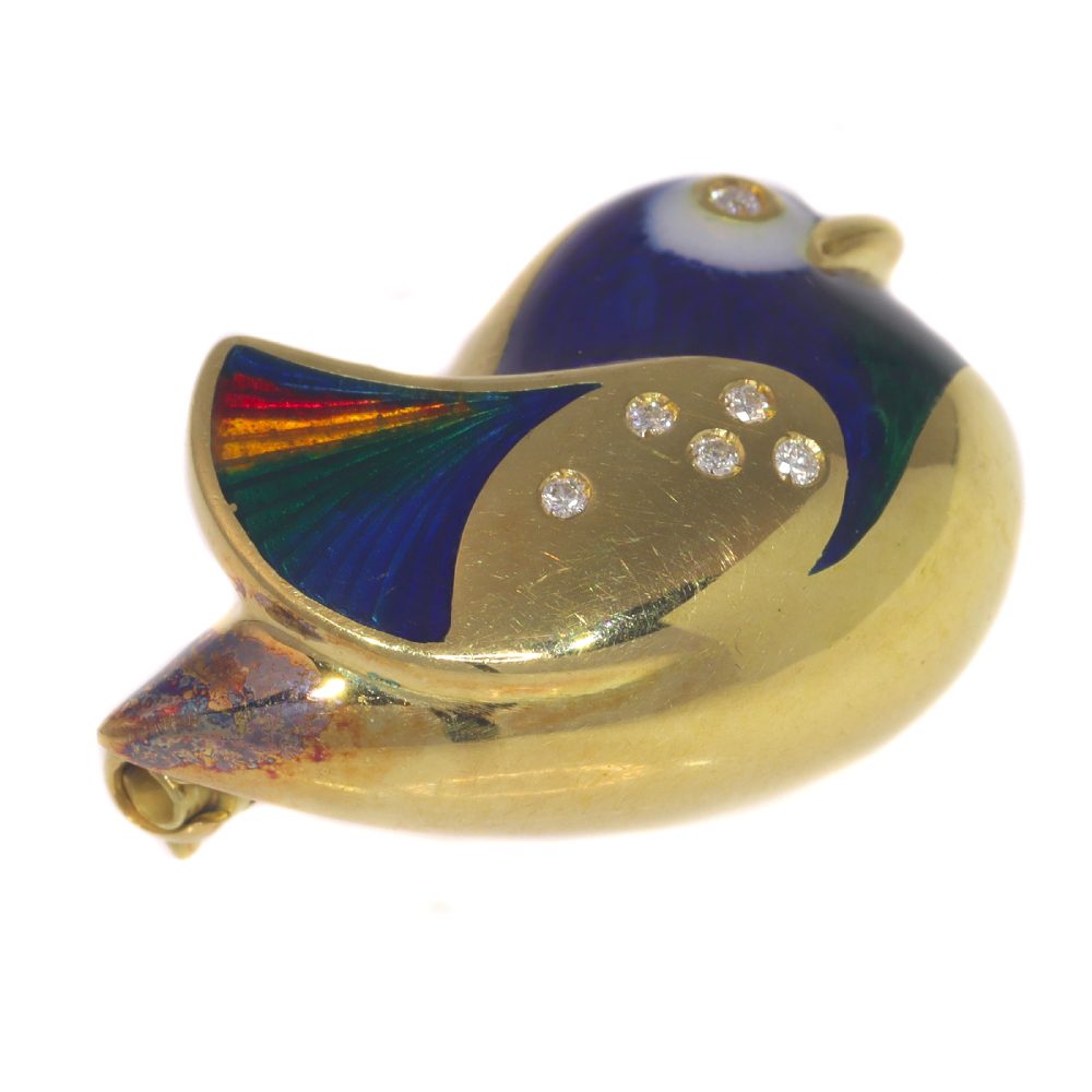 Vintage Multi Colour and Blue Enamel Bird Brooch with Diamonds