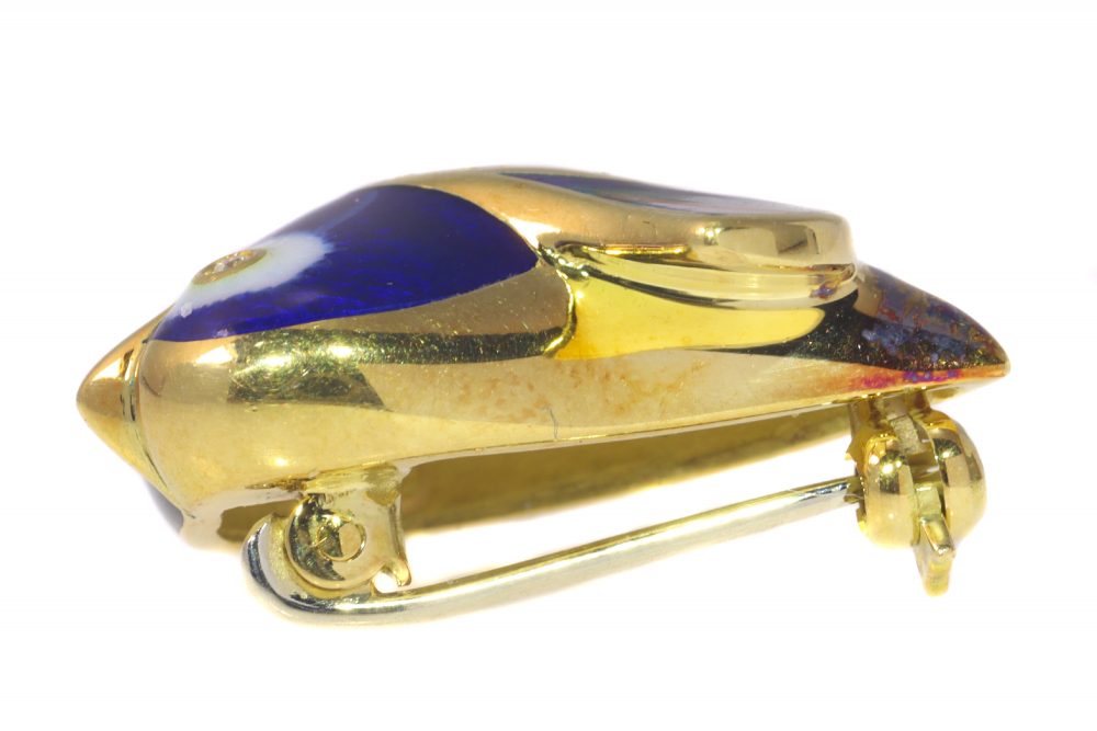 Vintage Multi Colour and Blue Enamel Bird Brooch with Diamonds
