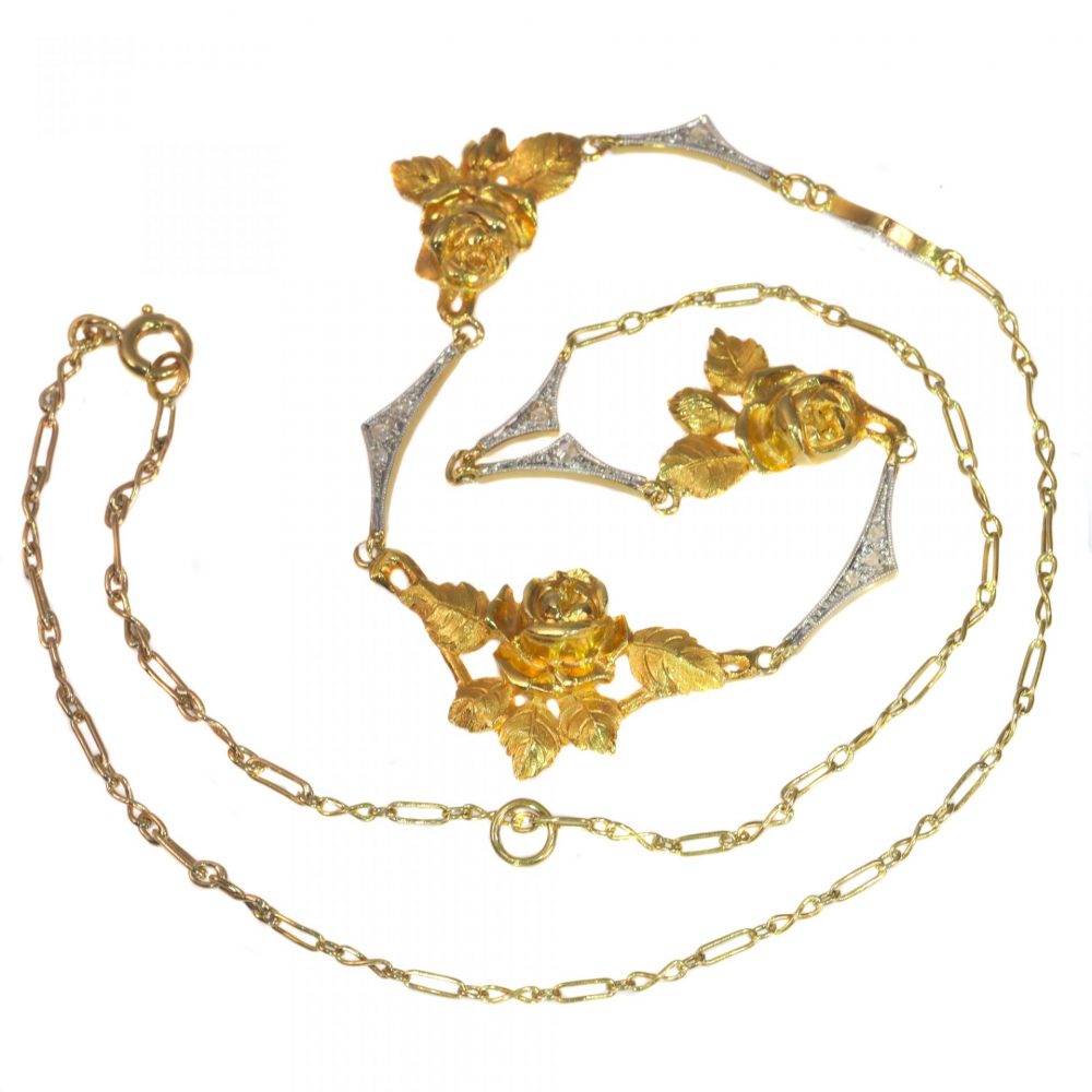 Antique Belle Epoque French 18ct Gold Rose Necklace with Diamonds