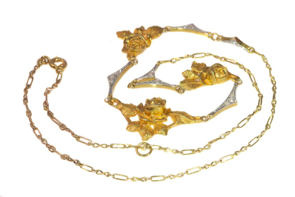 Antique Belle Epoque French 18ct Gold Rose Necklace with Diamonds
