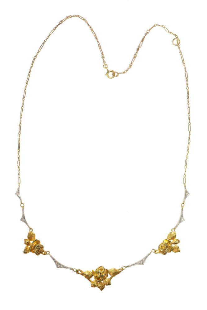Antique Belle Epoque French 18ct Gold Rose Necklace with Diamonds