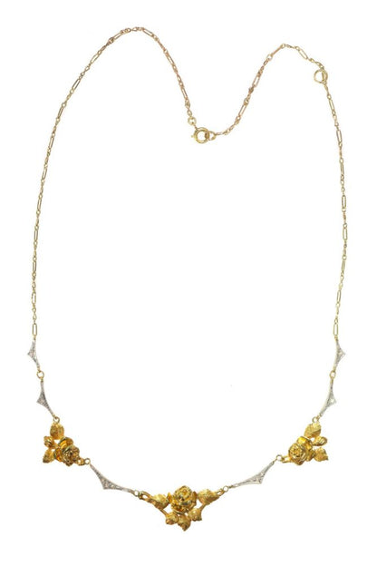 Antique Belle Epoque French 18ct Gold Rose Necklace with Diamonds