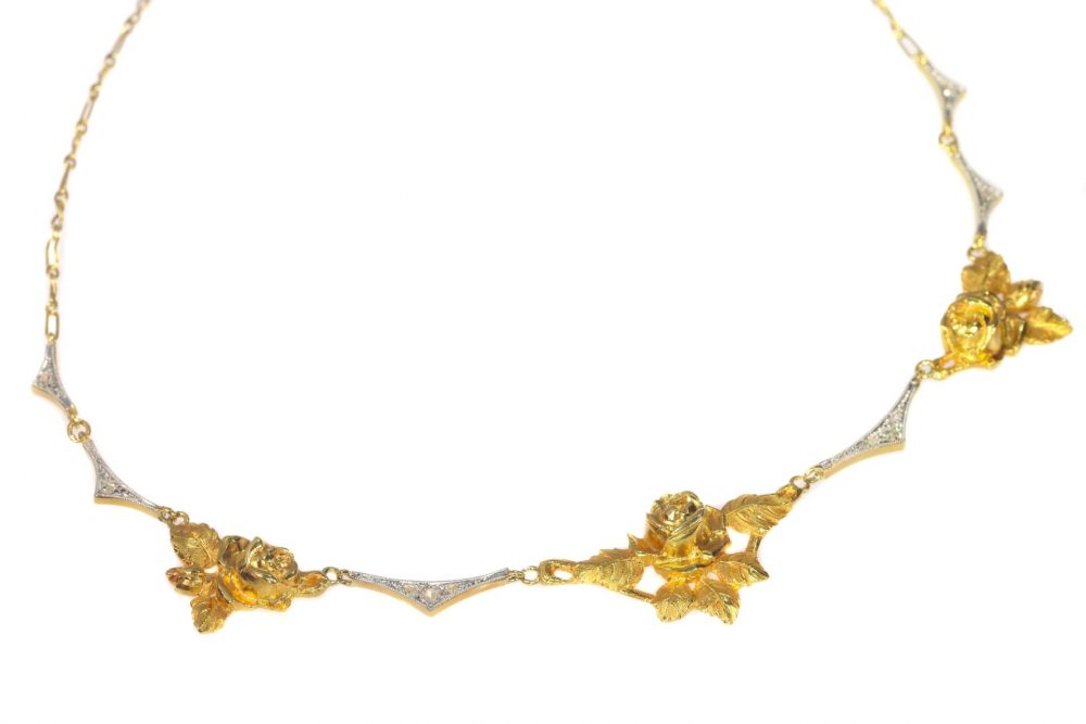 Antique Belle Epoque French 18ct Gold Rose Cluster Necklace with Diamonds