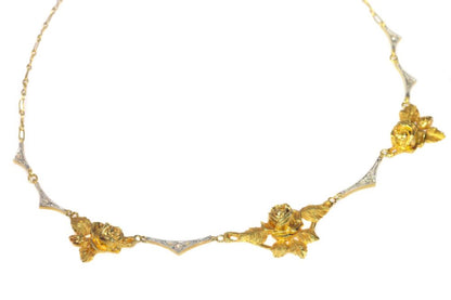 Antique Belle Epoque French 18ct Gold Rose Cluster Necklace with Diamonds