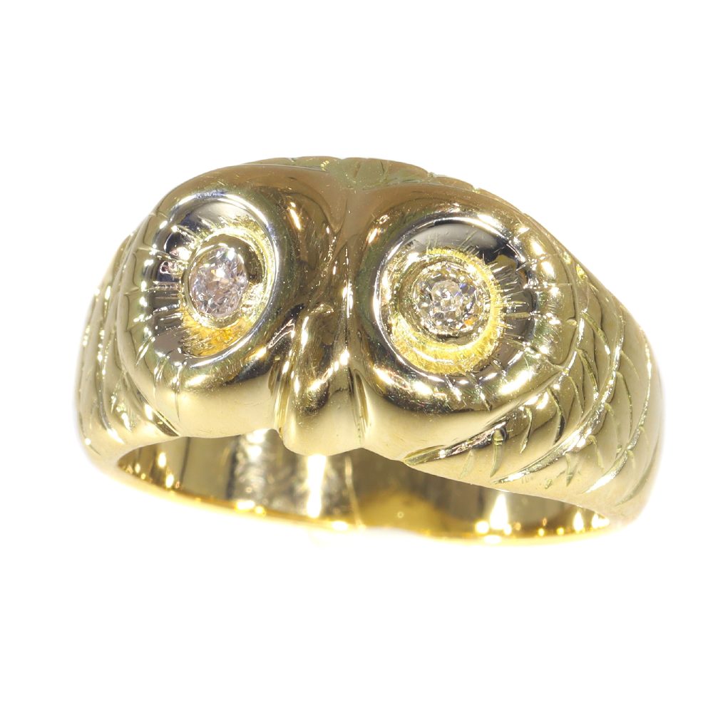 Vintage Interbellum 18ct Yellow Gold Owl Ring with Diamond Eyes
