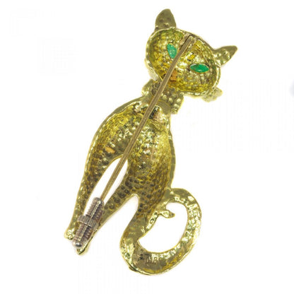 Vintage 18ct Yellow Gold Cat Brooch with Emerald Eyes and Diamond Collar, Circa 1960s