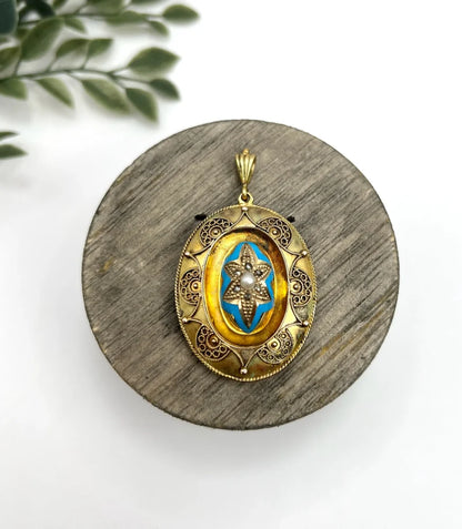 Antique 15 Carat Yellow Gold Locket/Pendant With Enamel And Gemstones