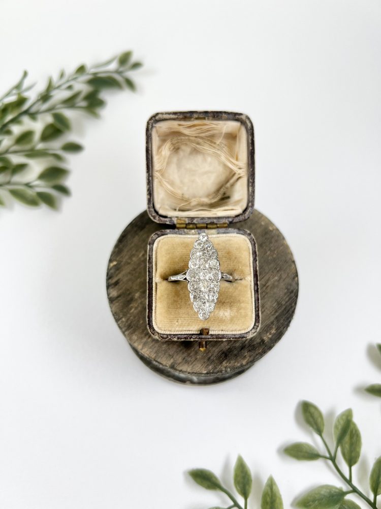Antique Edwardian Diamond Navette Statement Ring in 18ct White Gold