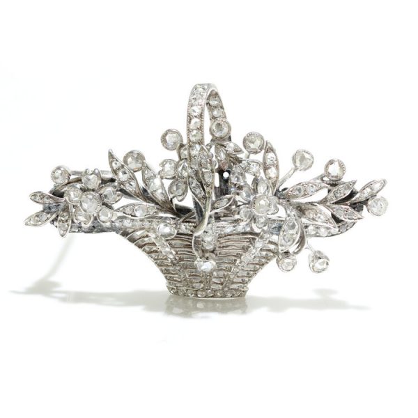 Art Deco Rose Cut Diamond Floral Basket Brooch, 2 carat total, platinum basket holding flowers set with 2cts rose cut diamonds, Circa 1920s, Serial Number 5372