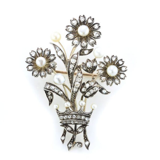 Antique Early Victorian Pearl and Rose Cut Diamond Flower Spray Brooch, set with freshwater pearls and 2 carats of rose cut diamonds, in silver and 15ct gold, Circa 1850s