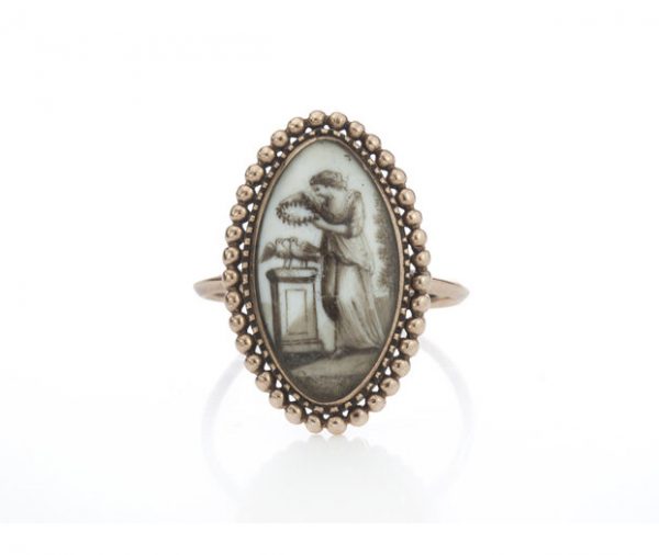 Antique Georgian Marquise 18ct Yellow Gold Ring with Sepia Painting; depicting a lady holding a wreath over two doves. Circa 1780s