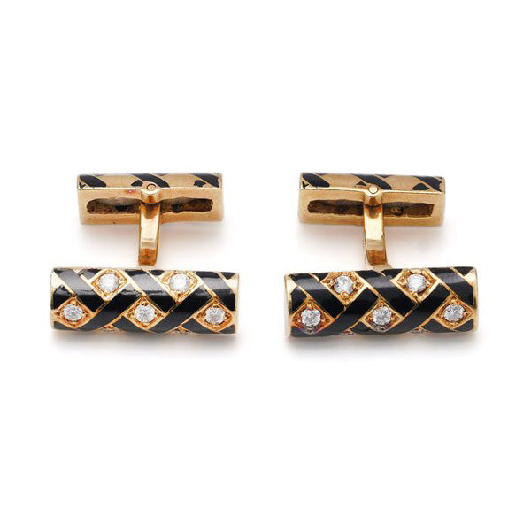 Vintage Tiffany and Co 18ct Yellow Gold Cufflinks with Black Enamel and Diamonds