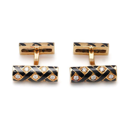 Vintage Tiffany and Co 18ct Yellow Gold Cufflinks with Black Enamel and Diamonds