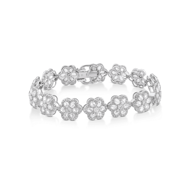 Rose Cut Diamond Flower Cluster Bracelet, 7.21 carat total, 18ct white gold