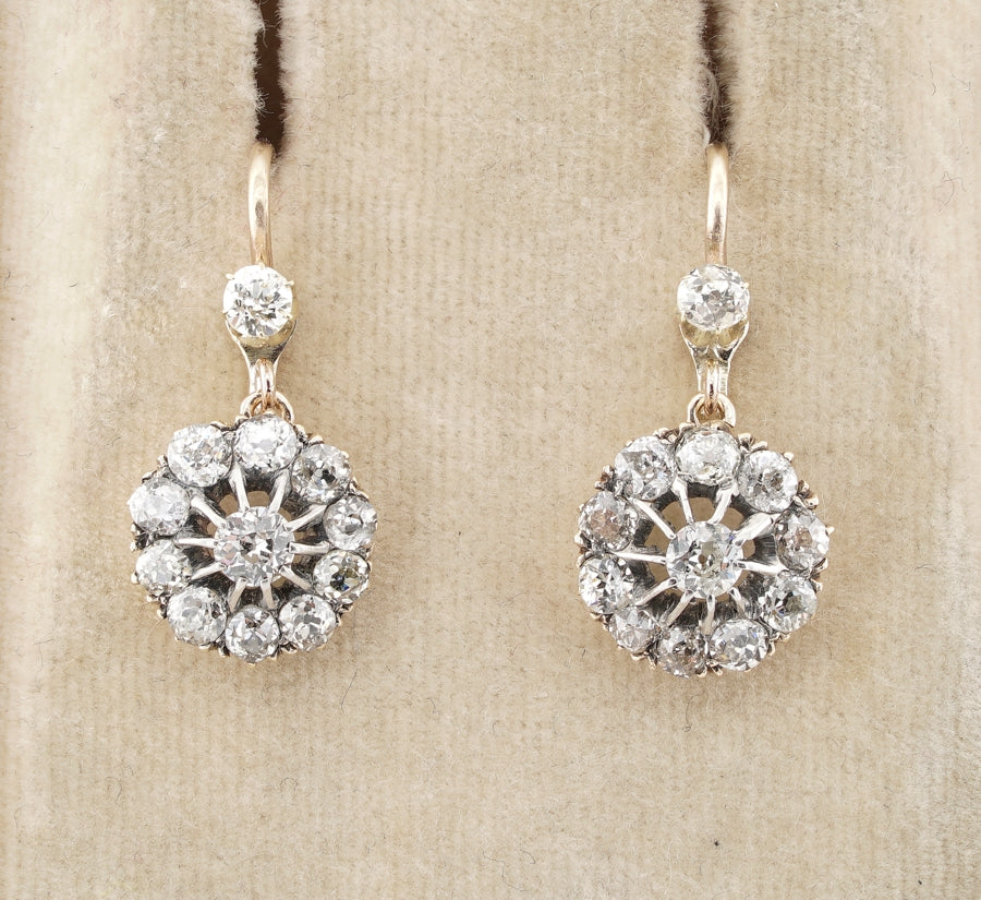 Victorian Antique 2.20ct Old Mine Diamond Daisy Cluster Drop Earrings, Circa 1890
