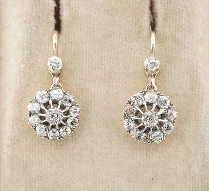 Victorian Antique 2.20ct Old Mine Diamond Daisy Cluster Drop Earrings, Circa 1890