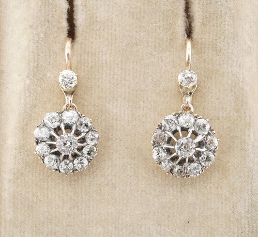 Victorian Antique 2.20ct Old Mine Diamond Daisy Cluster Drop Earrings, Circa 1890