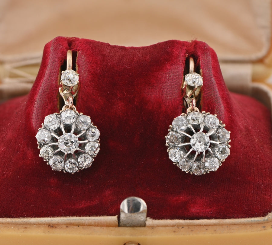 Victorian Gold 2.20 Ct Old Mine Diamond Daisy Drop Earrings, Circa 1890