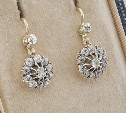 Victorian Gold 2.20 Ct Old Mine Diamond Daisy Drop Earrings, Circa 1890