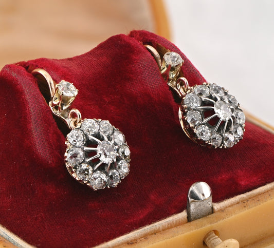 Victorian Gold 2.20 Ct Old Mine Diamond Daisy Drop Earrings, Circa 1890